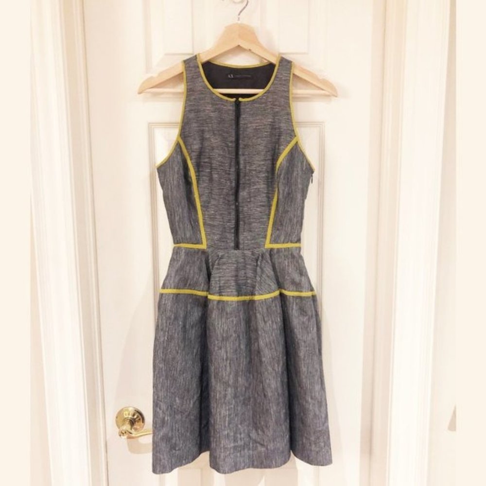 Armani Exchange Panelled Fit & Flare Dress, Front Zipper, Linen & Cotton